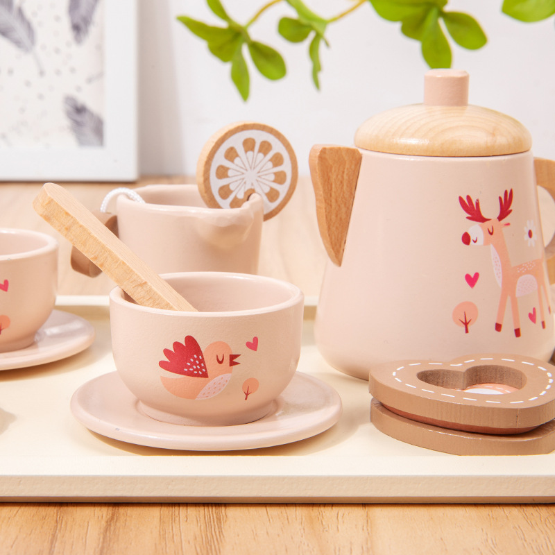 Simulación de jugar a la casa té de la tarde postre pastel tetera taza juego de té juguetes de madera juguetes de desayuno para niños