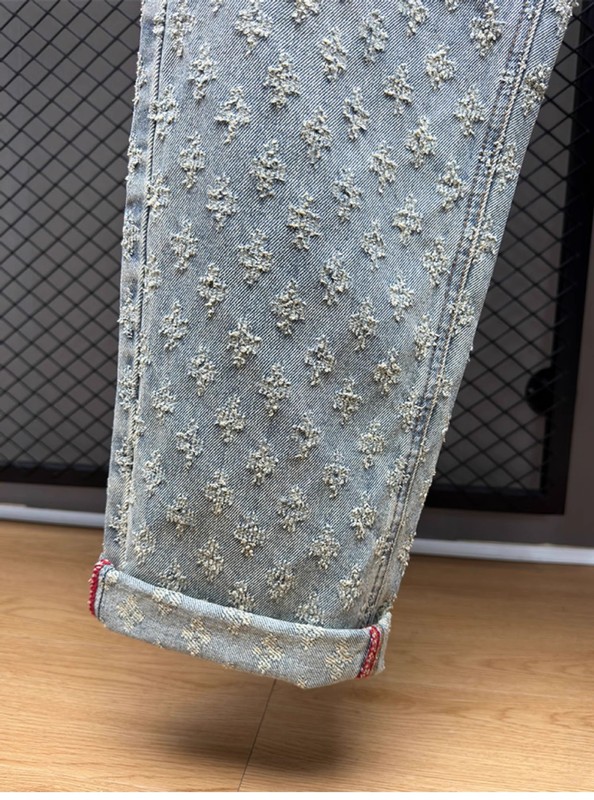 新款潮牌宽松直筒纯蓝色水洗牛仔裤小众国潮设计感提花复古阔腿|undefined