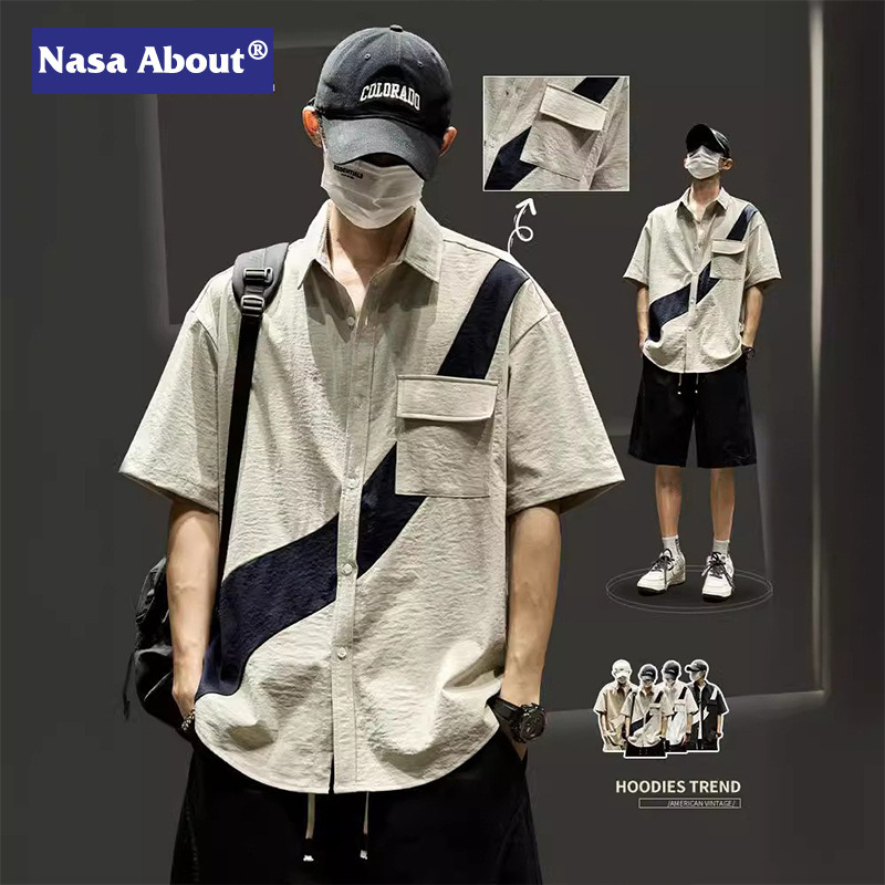 NASA Shirt Men's Short-sleeved Summer American Style Retro Contrast Striped Lel Half Sleeve 2024 New Loose T-shirt