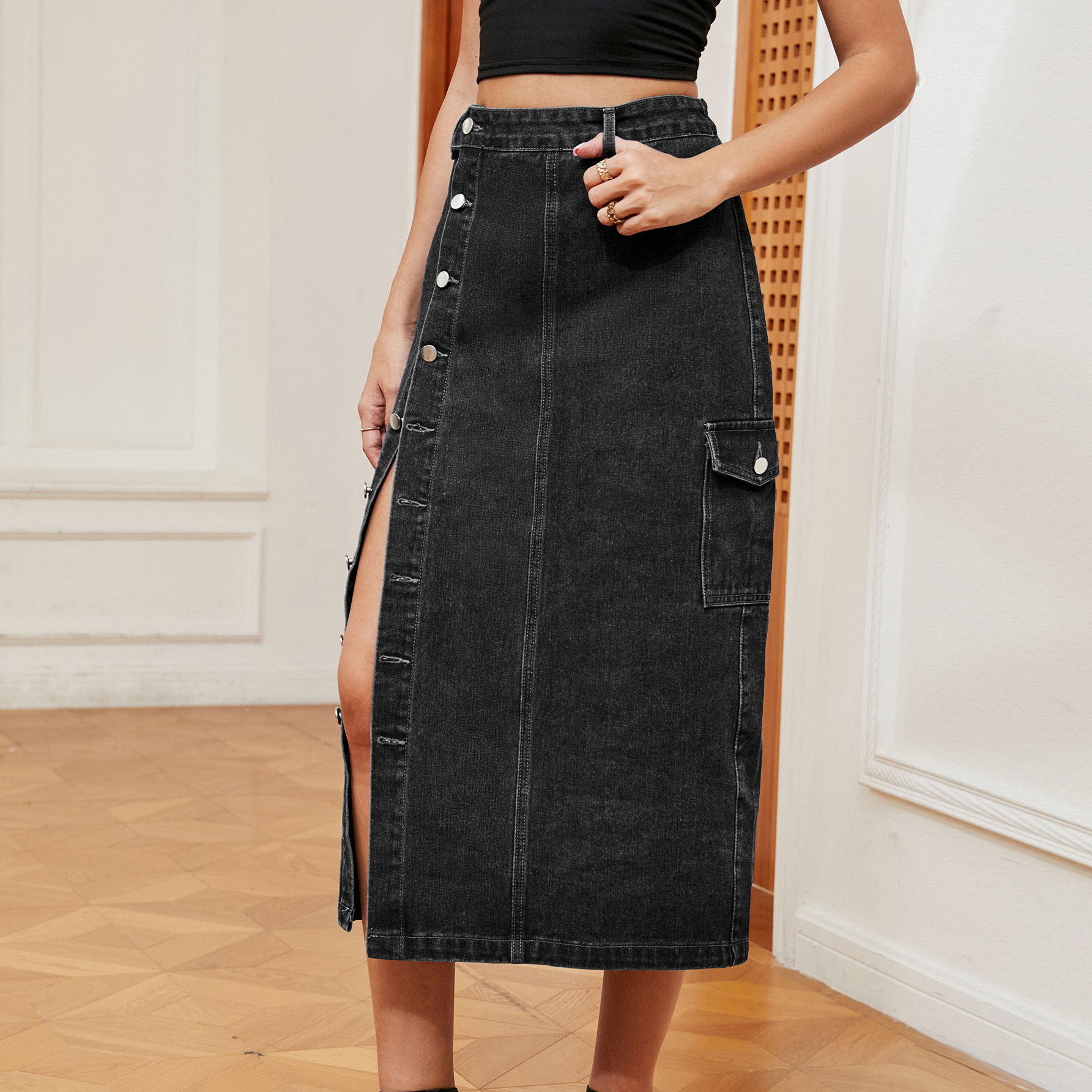 Solid Color Pattern Spring Autumn Streetwear Solid Color Denim Midi Dress Skirts