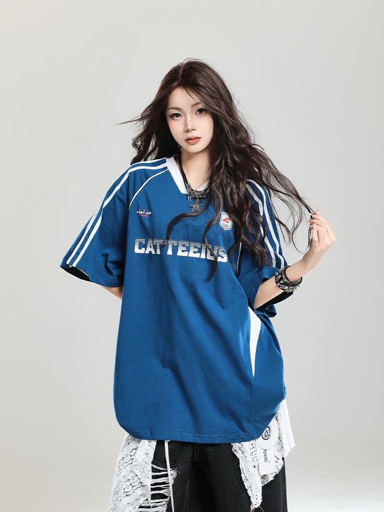 American-style Patchwork Striped V-neck Sporty Loose Short-sleeve T-shirt For Men And Women, Hip-hop Street Style_viptrois.com