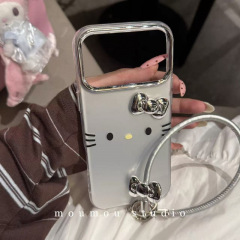 可爱银底蝴蝶结猫咪表情链条适用iPhone17promax苹果16手机壳15女