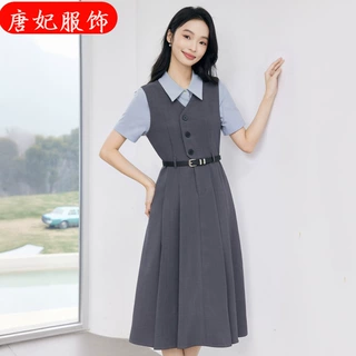 无袖马甲背心中长款连衣裙女短袖衬衫长袖衬衣两件套装跨境女时装