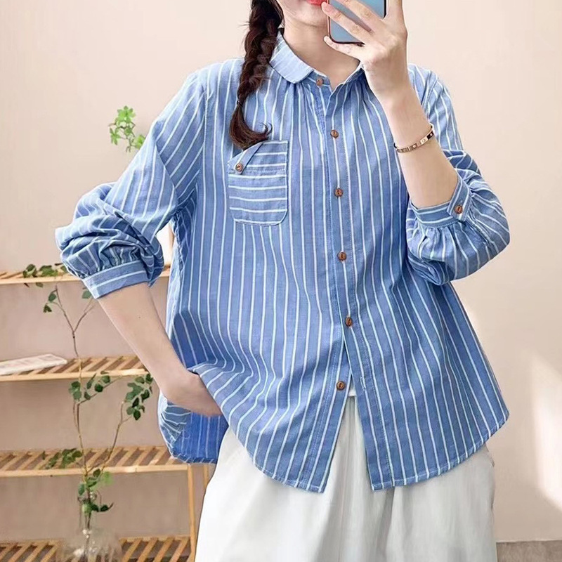Cotton Yarn Artistic Vintage Pinstripe Shirt Women's Double-Layer Cotton Gauze Long-Sleeved Shirt Spring and Autumn New All-Match Shirt Cotton Yarn Artistic Vintage Pinstripe Shirt Women's Double-Layer Cotton Gauze Long-Sleeved Shirt Spring and Autumn New All-Match Shirt