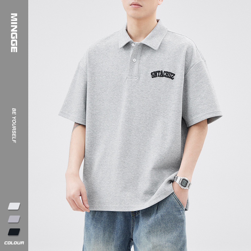 明格|日系复古重磅字母刺绣POLO衫男士2024夏季潮流百搭宽松上衣