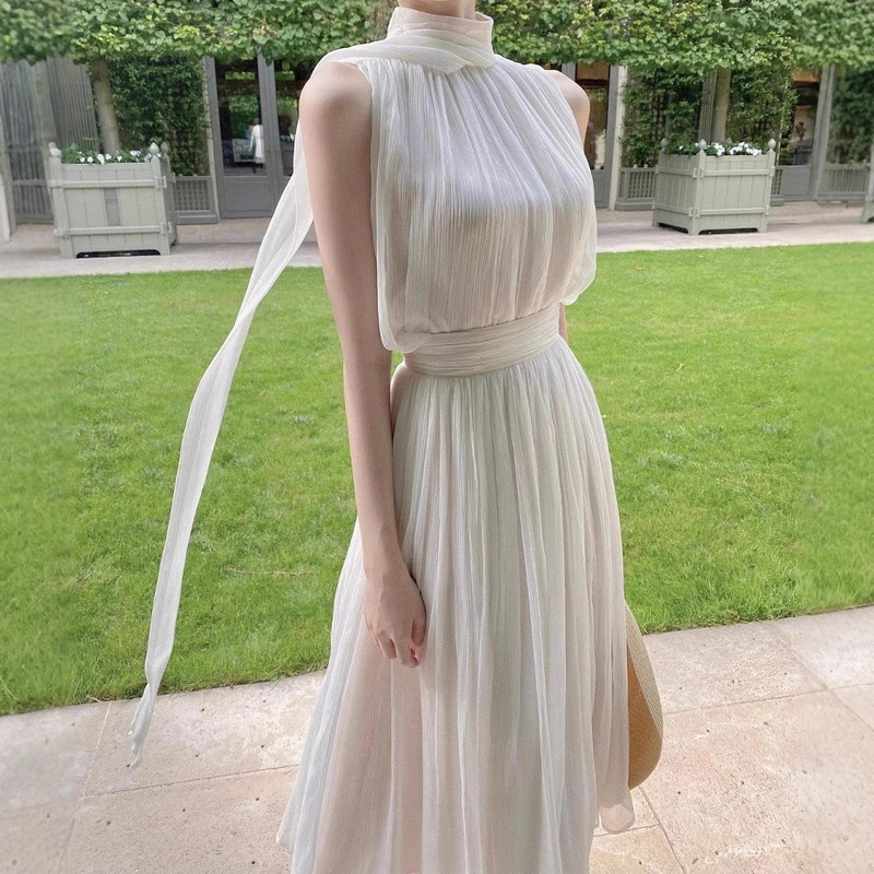 2022 Spring and Summer New White Neck Dress Women's Niche Design French Chic Chiffon Dress