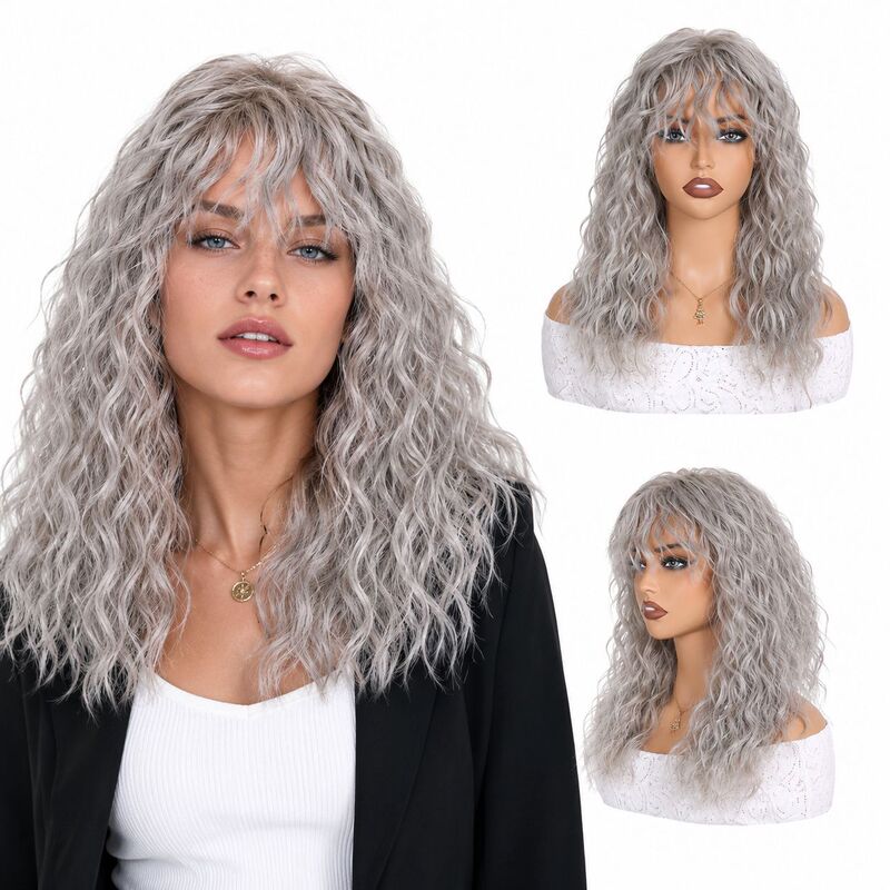 European and American Style Wigs for Women, Gray Long Wavy Wigs, Curly Wave Synthetic Fiber, Black Brown, Amazon Wigs