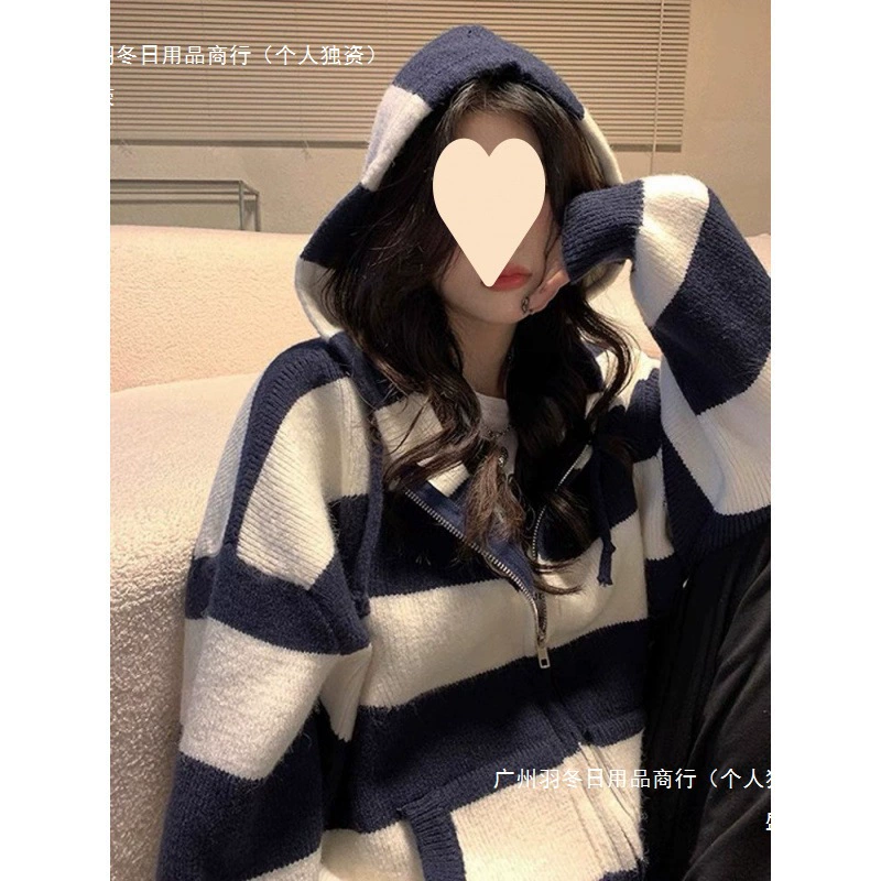 2025 ранняя весна новый капюшон верхняя кардиган кофта тонкий и стильный полосатый трикотаж осень европейский и американский стиль