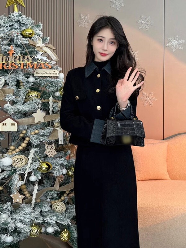 小香赫本风黑色连衣裙子2025秋冬季新款女装今年流行漂亮套装短裙|undefined