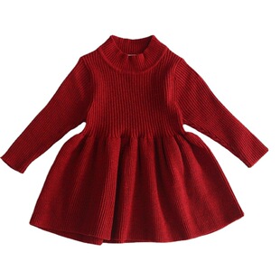 Autumn and Winter Girls Knitted dress Fashionable Skirt Baby New Year Festive Red Sweater Dress Stylish Princess Dress