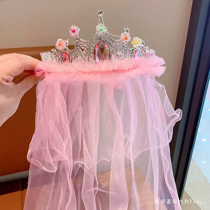 跨境新款公主皇冠头纱女童皇冠头饰披纱超仙女孩发光宝宝生日发箍