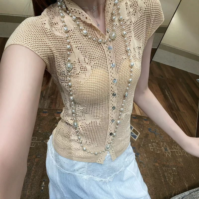 Taop&Za New French-Style White-Enhancing and Slimming Lapel Hollow Lace Short-Sleeved Knitted Cardigan Top 2893030