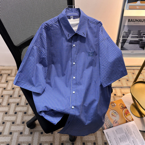American Retro Embroidered Blue Check Short-Sleeve Shirt for Men and Women, Couple Summer Casual Loose Luxury Feeling Top for Men