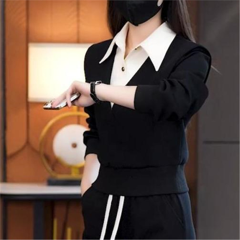 2025新款时尚休闲套装女早秋设计感假两件Polo衫上衣阔腿裤两件套|undefined