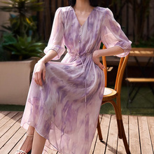 里外100%桑蚕丝 高端仙女紫色裙子 真丝连衣裙 夏季新款女装长裙