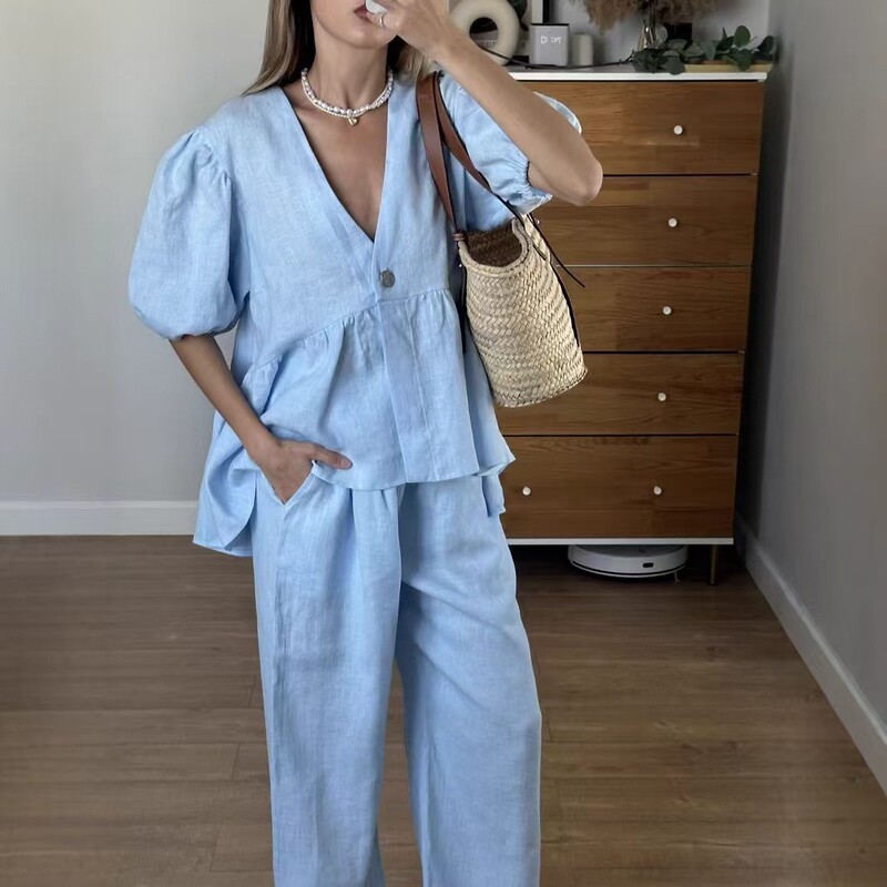 2025 French-Style Sweet Vibe Solid Color V-Neck Puff Short Sleeve Tie Long Pants Set Foreign Trade Cross-Border Women's Clothing Wholesale