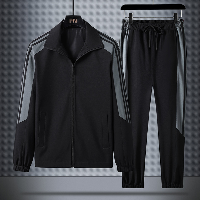 Cross-Border New Three-Stripe Sportswear Men's Striped Color-Blocking Men's New Stand-Up Collar Jacket Two-Piece Suit