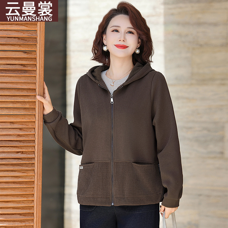 Mom's Autumn Hooded Sweatshirt Jacket 2025 New Style Middle-Aged and Elderly Women's Spring & Fall Loose Large Size Tops