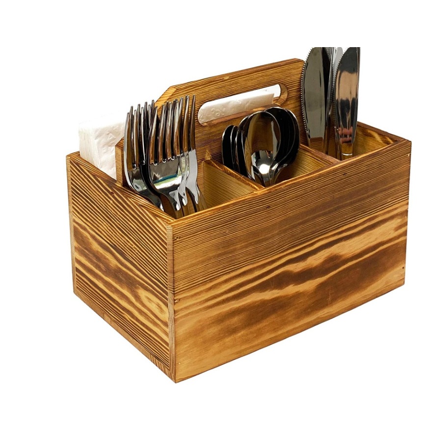 FSC-gecertificeerde, Europees-Amerikaanse stijl handzame picknickmand van hout met messen- en vorkendoos, massief houten opbergvak voor op het bureau._voghion.com