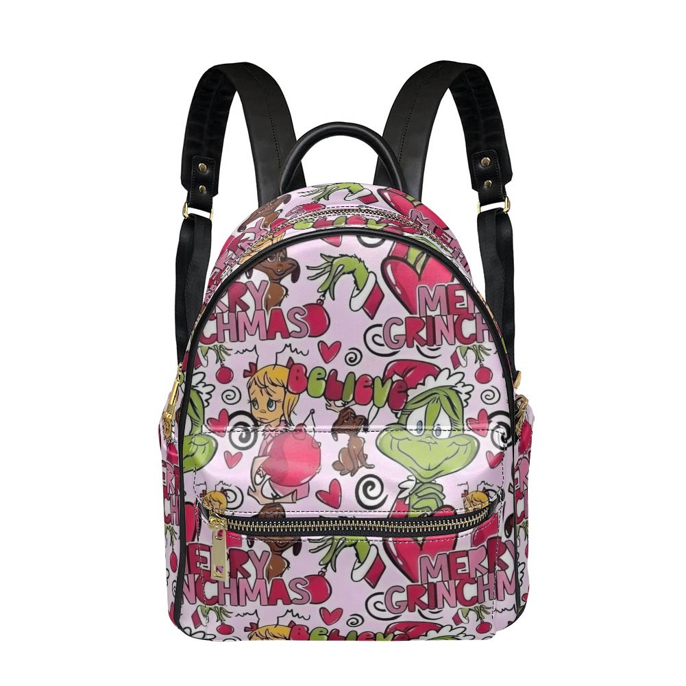 国际站可爱绿毛怪印花女士皮革双肩包休闲大容量拉链背包跨境货源