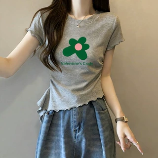 韩系温柔风不规则木耳边设计感短袖T恤女修身显瘦正肩短款上衣潮