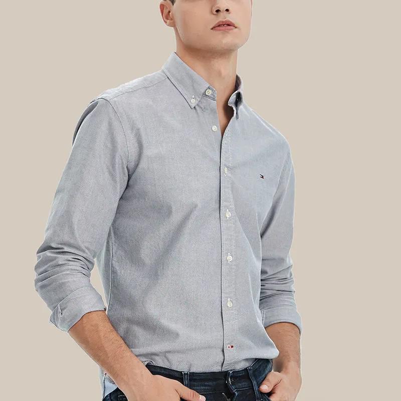Tommy Hilfiger Men's Long-Sleeve Shirt, Light Luxury High-End Business Casual, Middle-Aged Button-Down Versatile Oxford Shirt