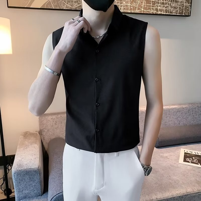 Sleeved Vest Men's Summer Thin Sleeveless Shirt Men's Korean Style Trendyy Tight Waistcoat Hairstylist Top Men's Clothing