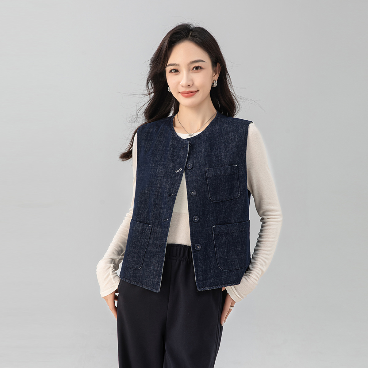 Yifei Retro Reversible Denim Vest Women's Autum New Slightly Loose Slimming Look Contrasting Vertical Stripesd Sleeveless Top