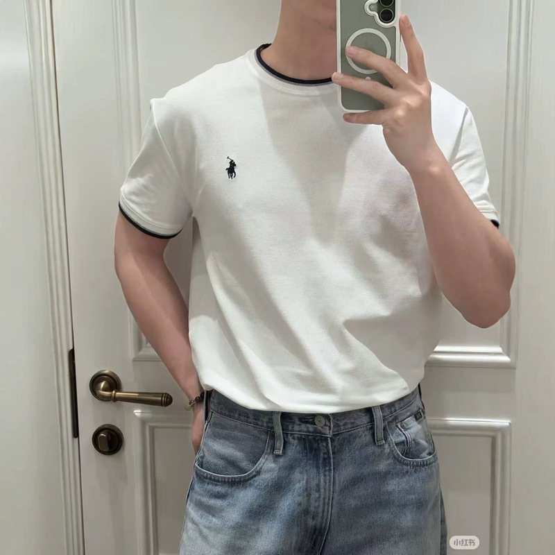 Foreign Trade Cross-Border European and American High-Quality Rl Old Money Classic Stretch Pique Fabric Color-Blocked Line Decoration Round Neck Short-Sleeve T-Shirt