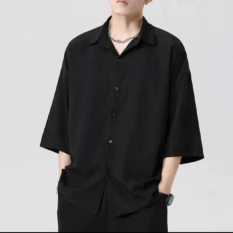 私人冰丝衬衫男士夏季薄款透气黑白灰色垂感潮牌痞帅休闲男装衬衣