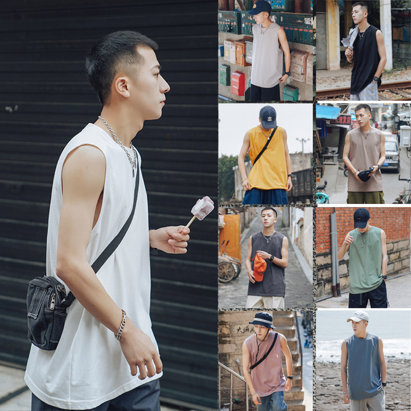 Summer Hong Kong Style ins Pure White Sleeveless T-shirt Men's Korean Style Fashionable Loose Waistcoat Bottoming Short-sleeved Lazy Style Vest