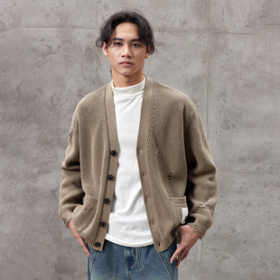 Cloud Appreciation American Heavy Double Thick Needle Cardigan Sweater Men's Winter Thickened Trendy Ripped Sweater Jacket