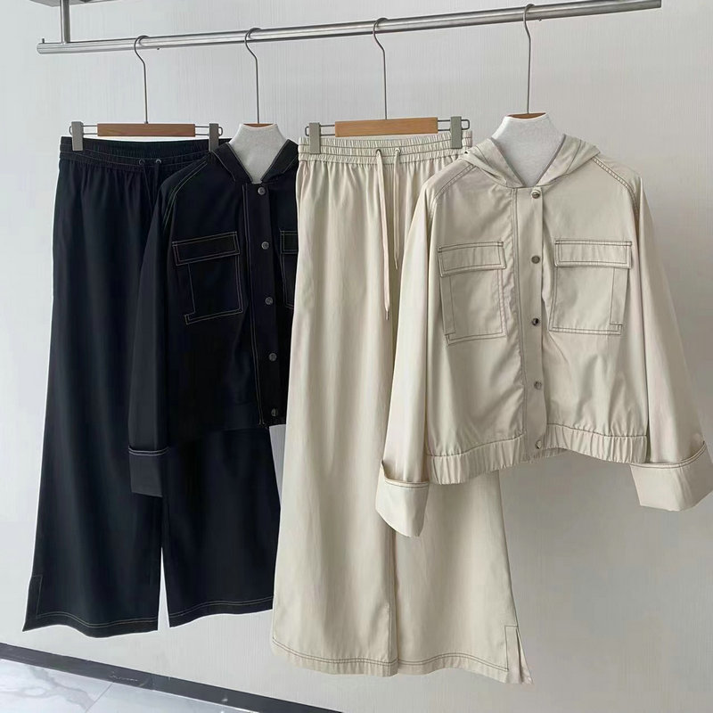24 Early Spring New BC Style Combed Cotton Blended Hooded Top with Pants Set All-match Wide Leg Pants Two-piece Set for Women