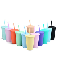 国境を越えたキャンディー色の二重プラスチックストローカップは16オンスの飲用水カップをカスタマイズしたシンプルなプラスチックのフロストカップ