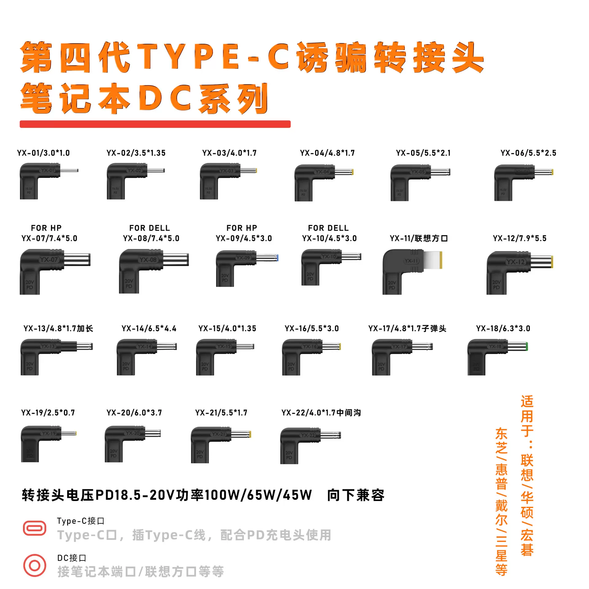 PD诱骗转接头 Type-C母转DC公100W 笔记本电脑多功能PD电源转换头
