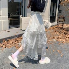 蕾丝白色半身裙女高腰早秋新款设计感不对称蛋糕花边裙子长裙