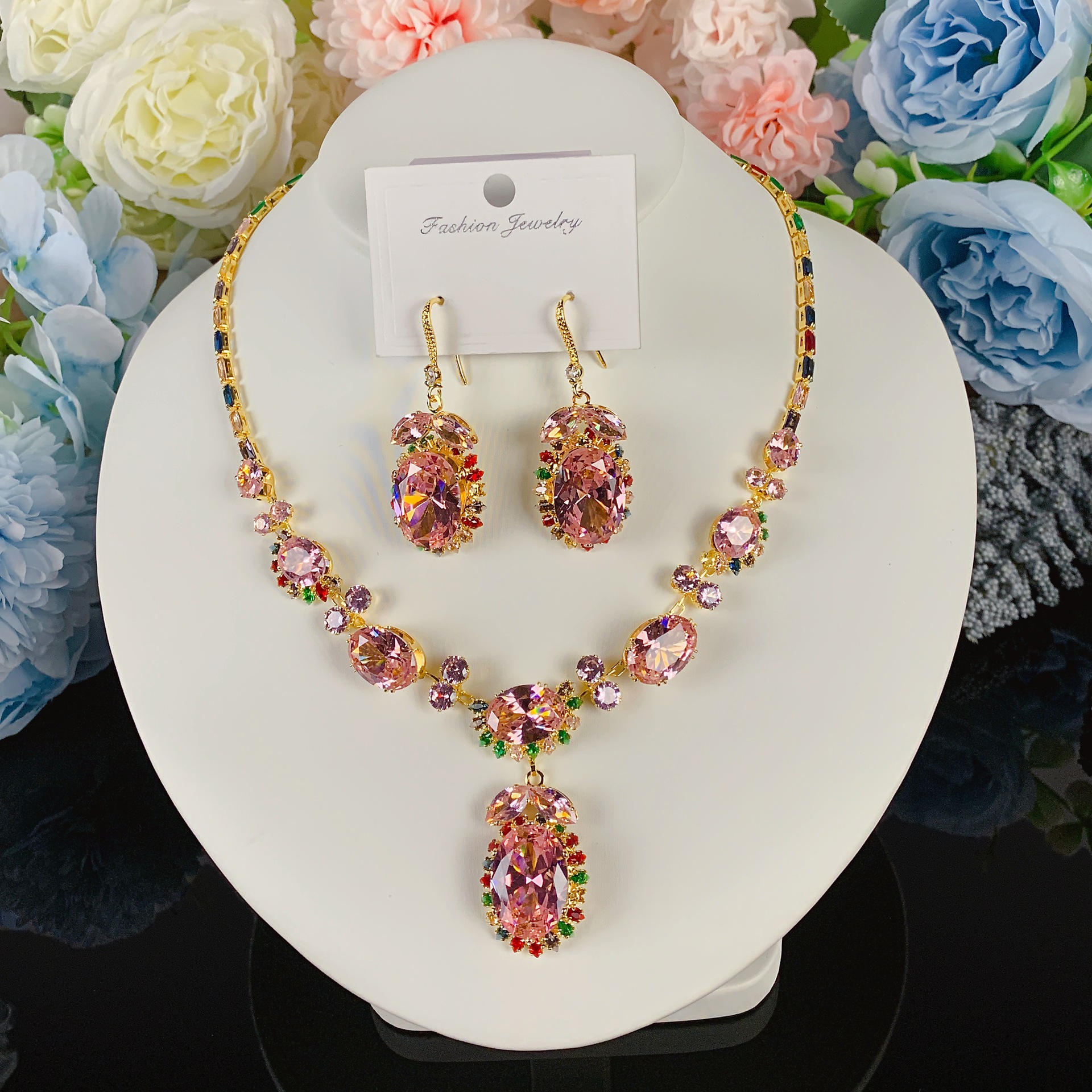 Collar de color de la industria pesada amazona orejas joyas set de moda de lujo vestido de novia cena joyas de zircon mujer image 42