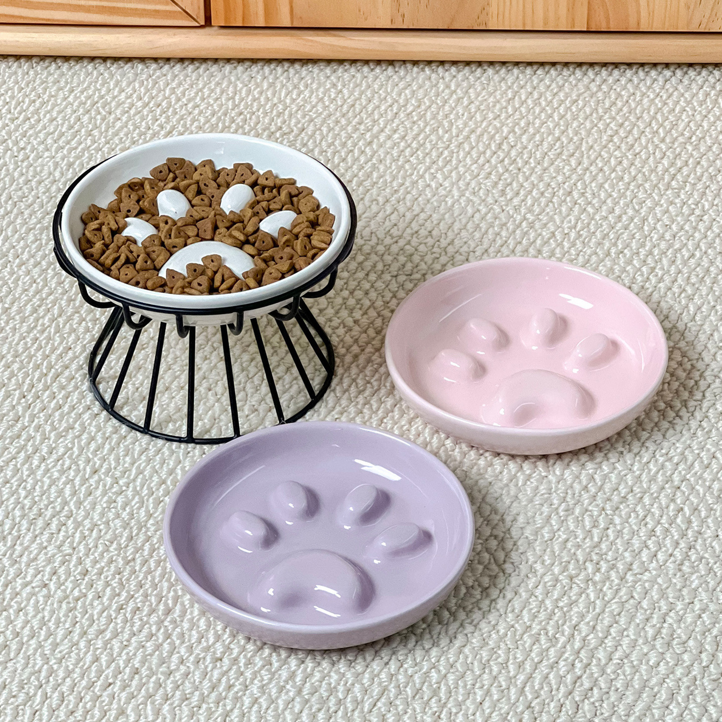 simple viento garra de gato plato de comida lenta con rayas de hierro marco de tazón alto pie de cerámica tazón para mascotas tazón para gatos tazón para perros antiasfixia comida lenta