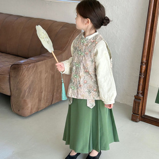 2024 spring new children's clothing girls' new Chinese oil painting stand collar buckle vest improved retro vest