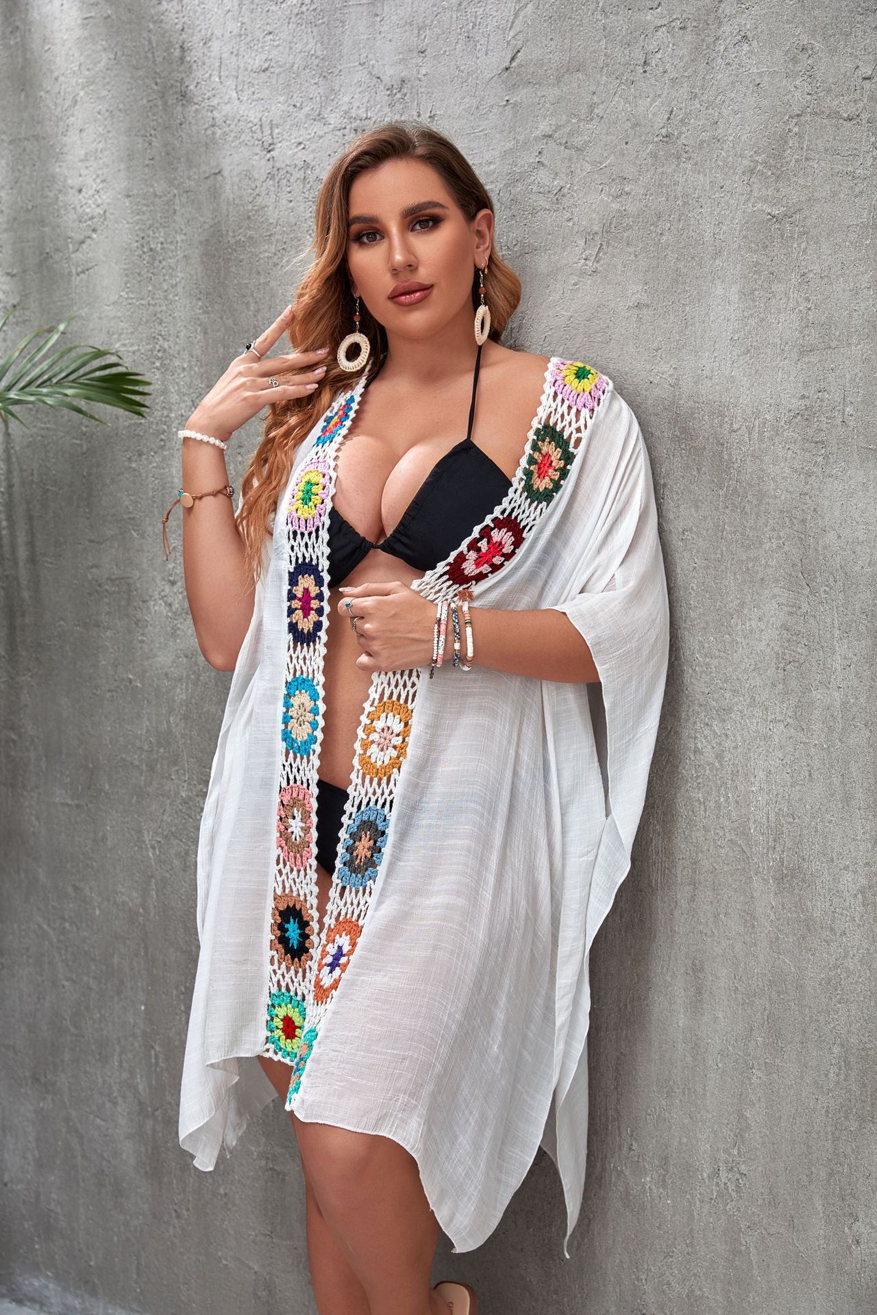 158g Weight Sunscreen Shirt Outerwear Type Half Sleeve Sleeve Length Polyester Fabric Type Long Top Length V Neck Neckline Solid Color Pattern Summer Season Women's Gender Beach Style Women's Solid Color Beach Cover Ups 8