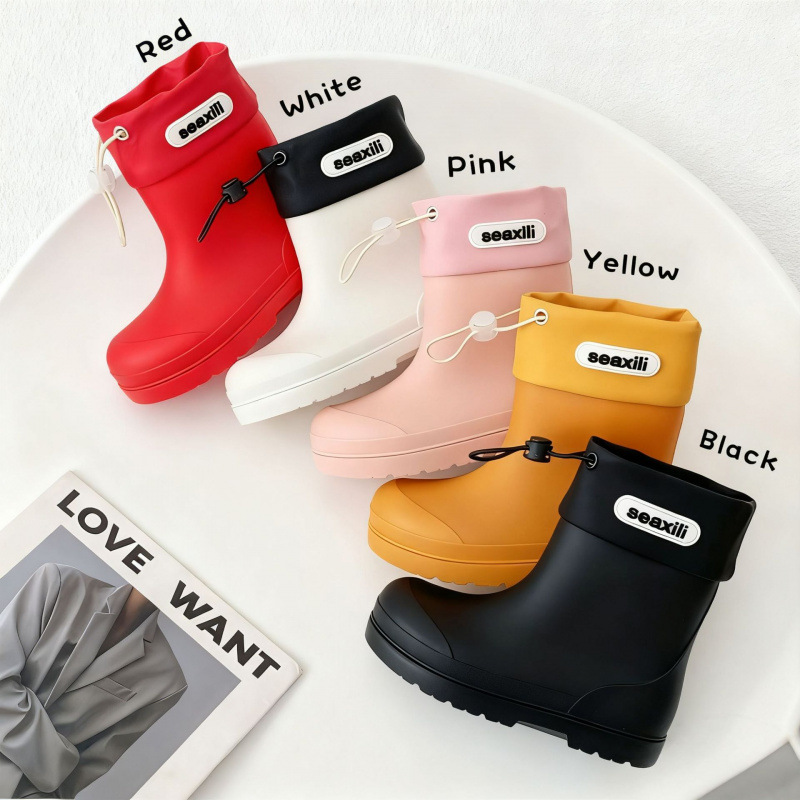 New Children's Rain Boots for Boys and Girls, Students' Rain Boots with Drawstring Cuffs for Outdoor Wear, Non-Slip Baby Waterproof Shoes