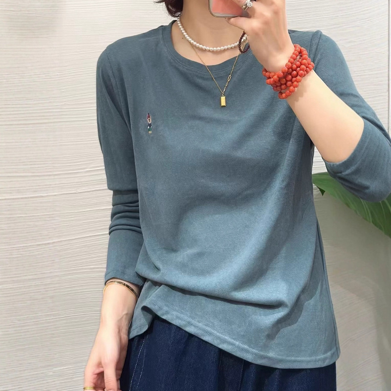 欧货2025秋季新款圆领休闲刺绣长袖T恤女宽松显瘦打底衫上衣女|undefined
