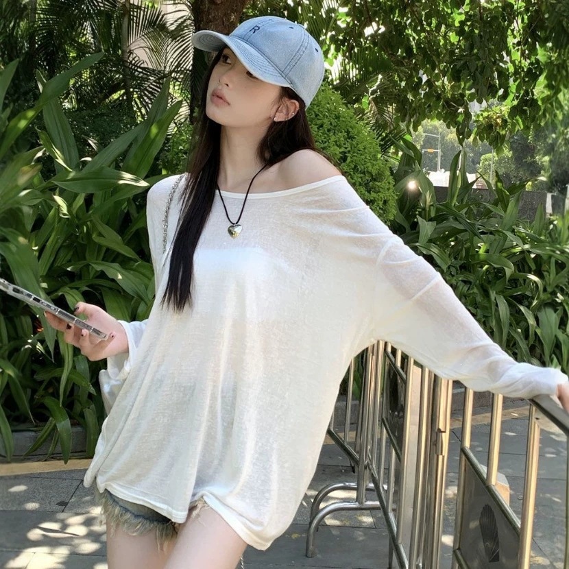 性感薄款微透辣妹舒适透气长袖防晒衣夏季宽松长T空调网纱罩衫女