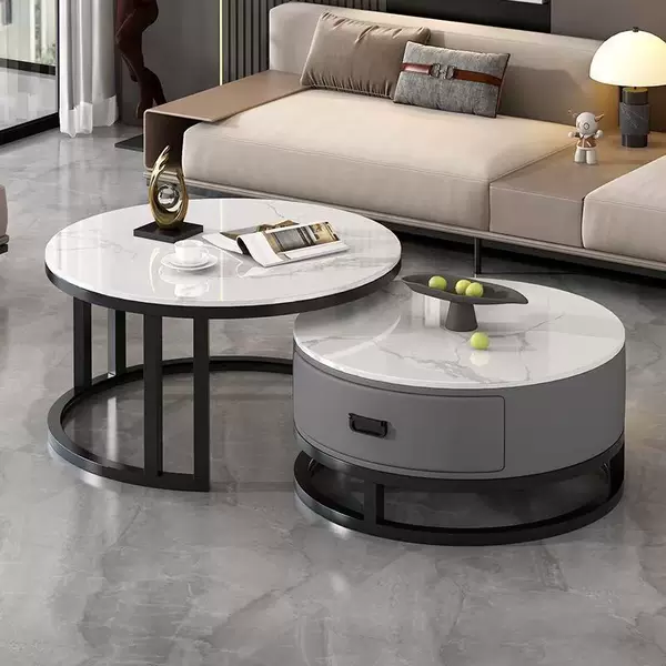 Rock slab coffee table, round tea table, suitable for small apartments, living room, dining table, modern and luxurious style, round rock slab nested coffee table