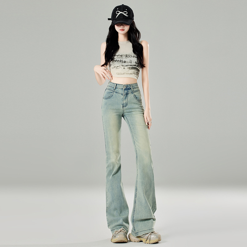 라이트 블루 WEILAR JEANS 여자 2024 년 여름 얇은 작은 높은 허리 올매치 슬림 핏 말굽 플래 팬츠