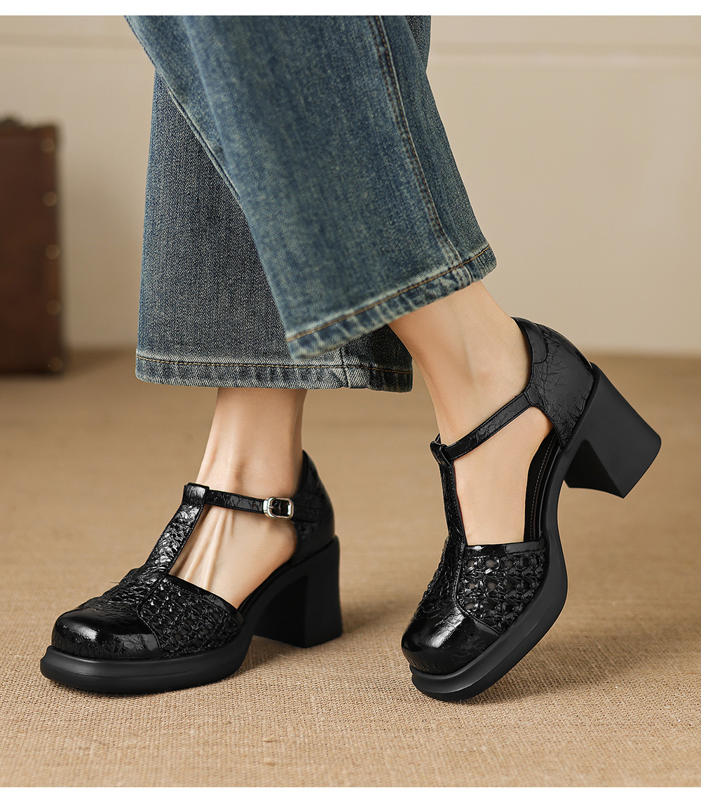 Sandal cao gót nữ quai ngang phong cách vintage, gót 8.5 cm, đế dày, mũi kín — đen chi tiết 10