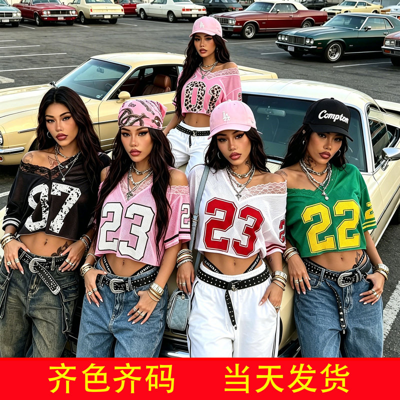 Mh1012 European and American Cross-Border American Retro Sports Style Digital Hot Girl Style Loose Lace Off-Shoulder Jersey World Cup