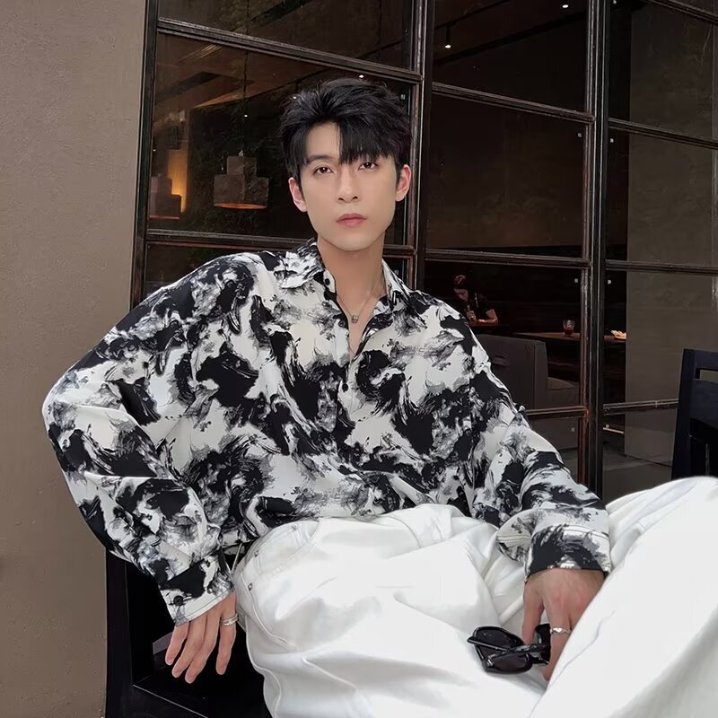 Korean High-end Summer Personalized Ink Retro Floral Shirt Men's Loose Thin Draped Long-sleeved Ice Silk Shirt Trendy