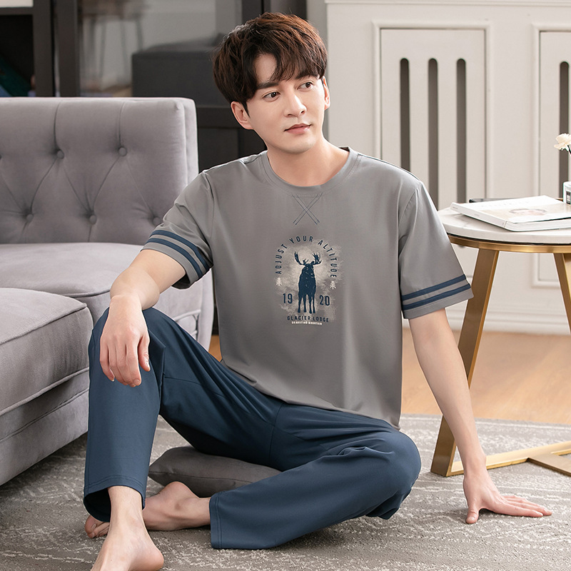 Men's Summer Pajamas Short-Sleeve Long Pants Pure Cotton Thin Plus Size Cotton Youth Homewear Set Summer Men