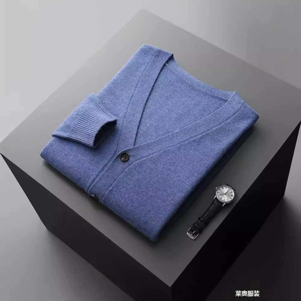 Осенний и зимний новый 100 шерстяной кардиган мужской V-образный рукав с длинным рукавом трикотажный сплошной пиджак тренд